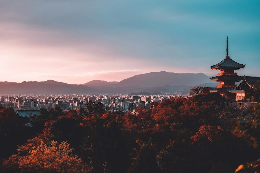 Scenic view across a rural Japanese valley with traditional architecture nestled among forested mountains.