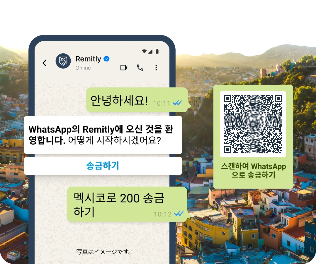 고객이 송금을 시작하려는 상황을 보여주는 WhatsApp의 시뮬레이션 말풍선입니다.