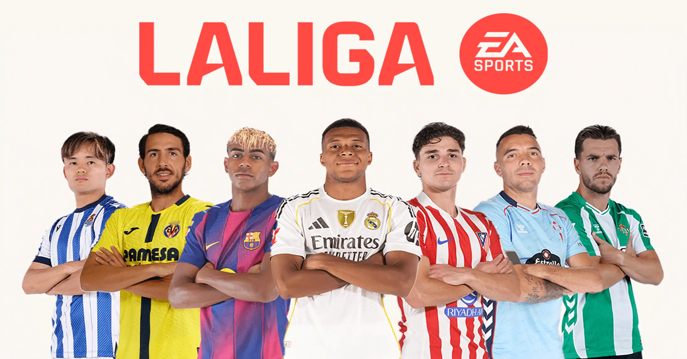 Siete jugadores de fútbol de La Liga con las camisetas de sus equipos debajo del logotipo de La Liga EA Sports.