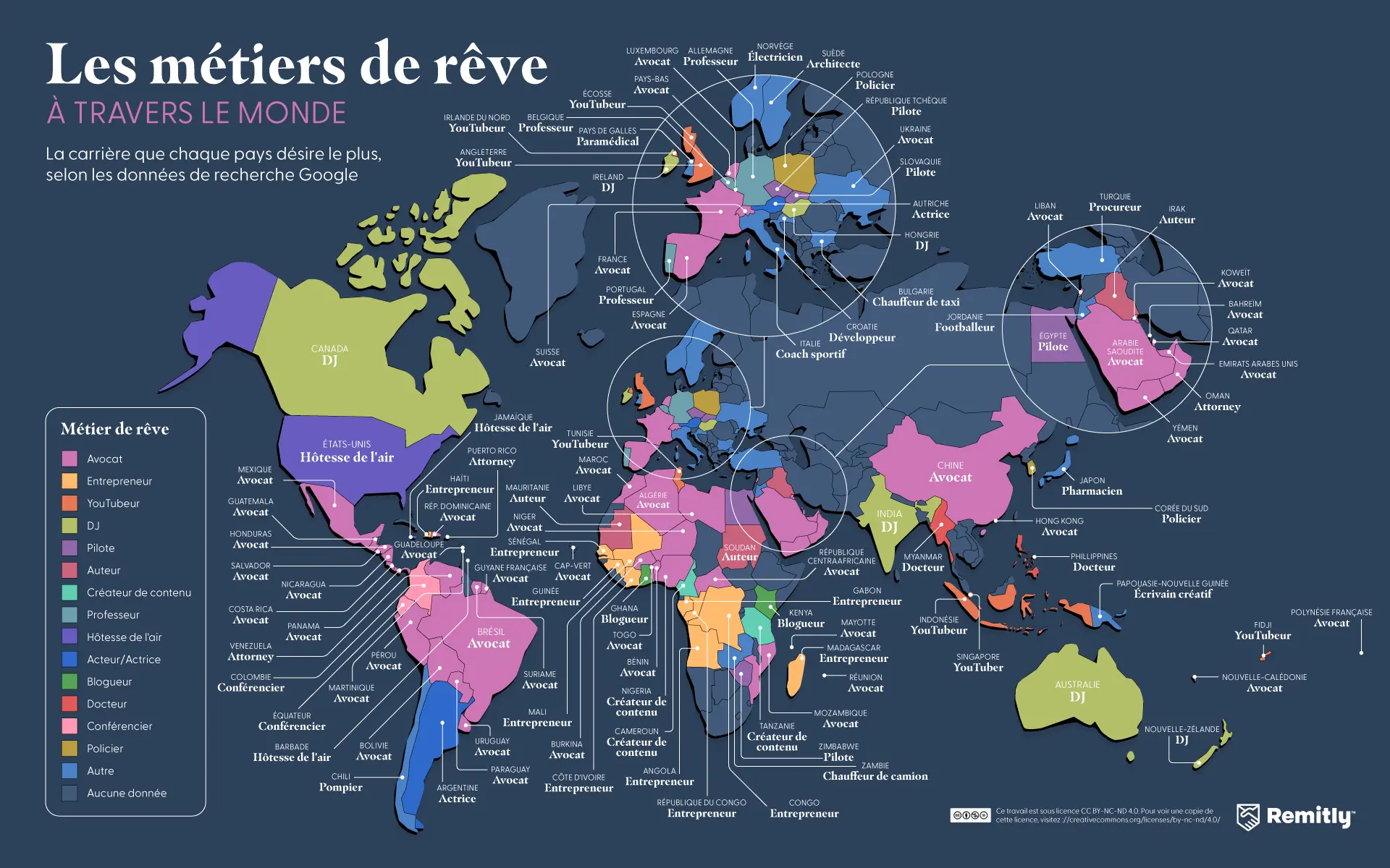World map showing which dream jobs are the most searched in each country