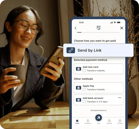 Woman with smartphone and Remitly Business UI mockup showing send by link feature