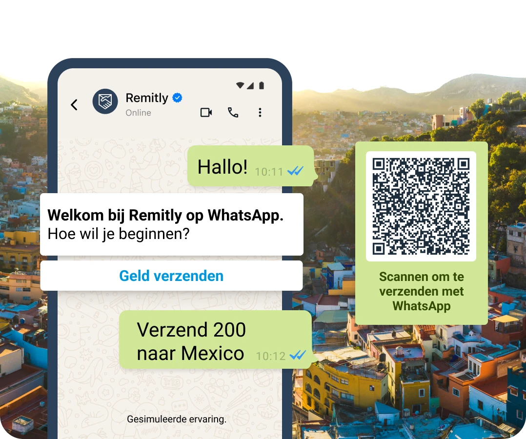 Gesimuleerd WhatsApp-gesprek waarin een klant een overschrijving wil starten.