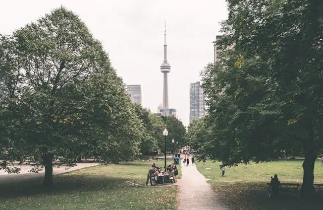 People sitting in a park and a view of the CN Tower in Toronto, Canada.