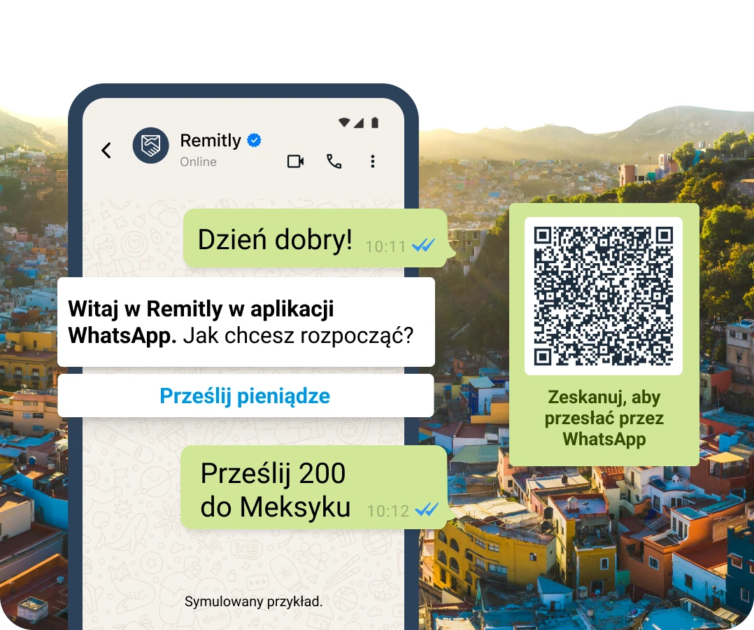 Symulowane dymki rozmowy w WhatsAppie przedstawiające klienta, który chce rozpocząć transfer.