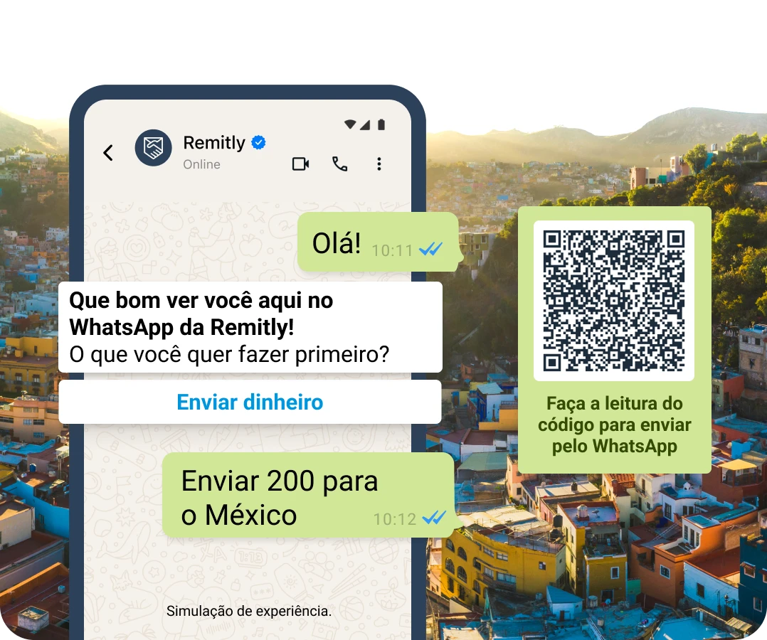 Balões de conversa simulados no WhatsApp mostrando um cliente que deseja iniciar uma transferência.