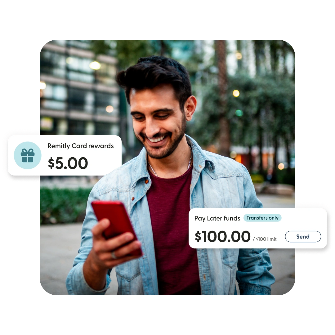 Person using a phone with simulated Remitly Card rewards and Pay Later features.