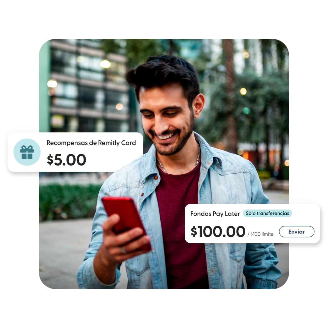 Persona usando un teléfono con funciones simuladas de recompensas y Pay Later de Remitly Card.
