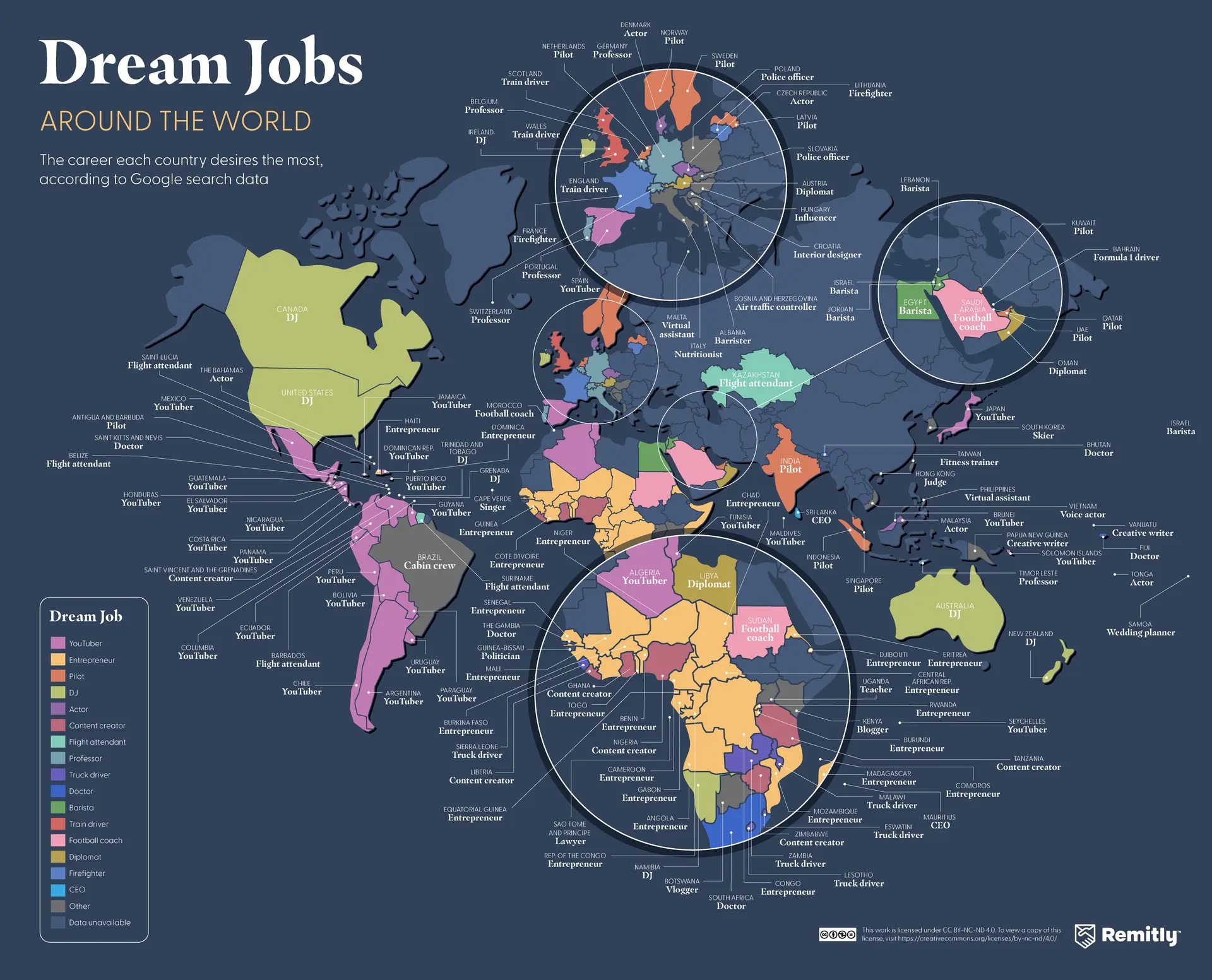 World map showing the most searched dream job in each country in 2026, with actor topping the global rankings.