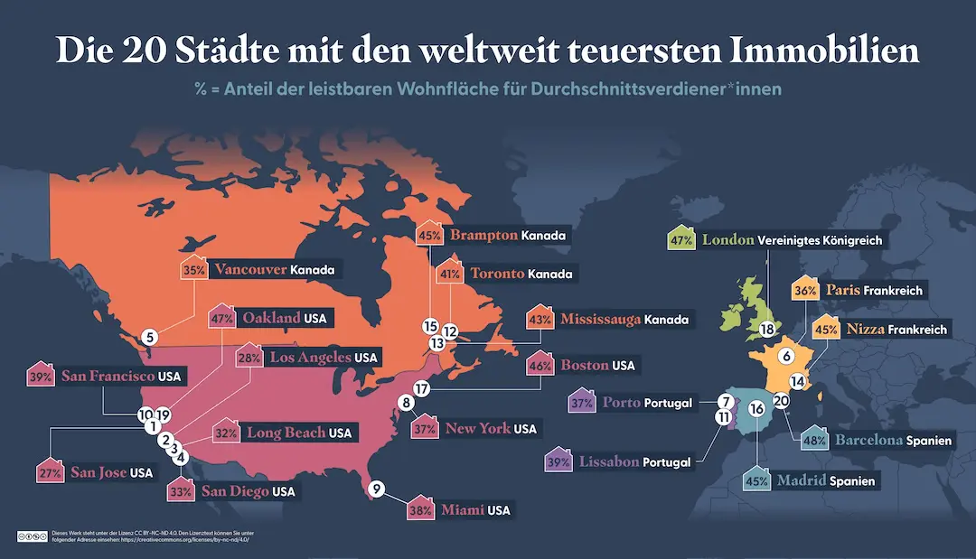 Graphic showing the world's 20 least affordable cities.
