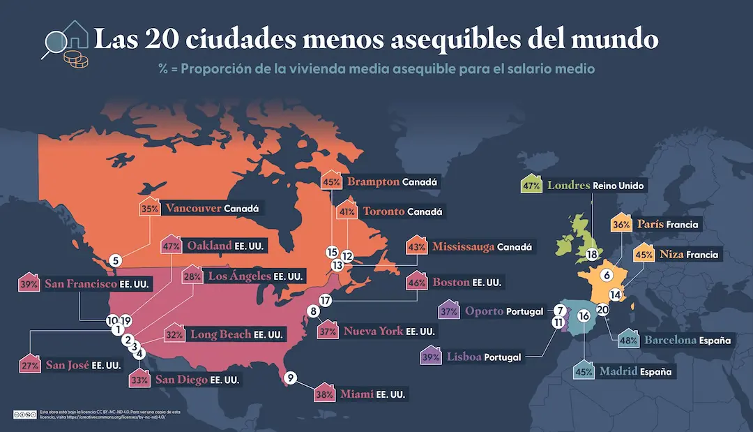 Graphic showing the world's 20 least affordable cities.