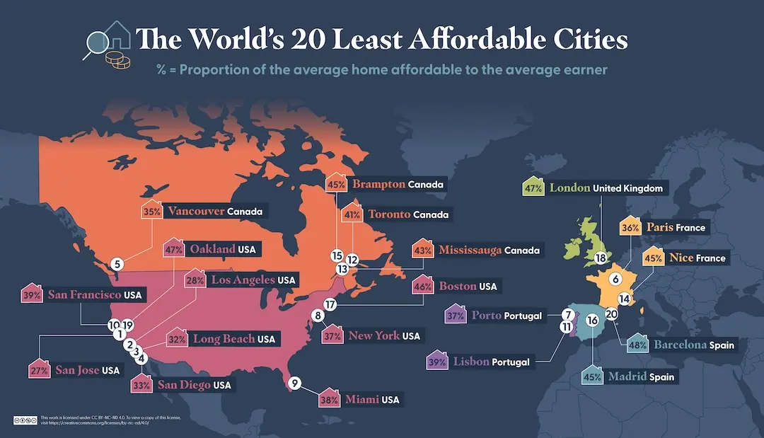 Graphic showing the world's 20 least affordable cities.