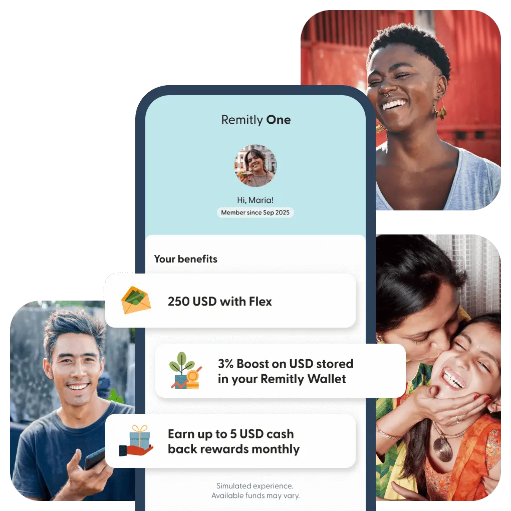 Collage of people smiling around a simulated Remitly One app screen showing membership benefits.
