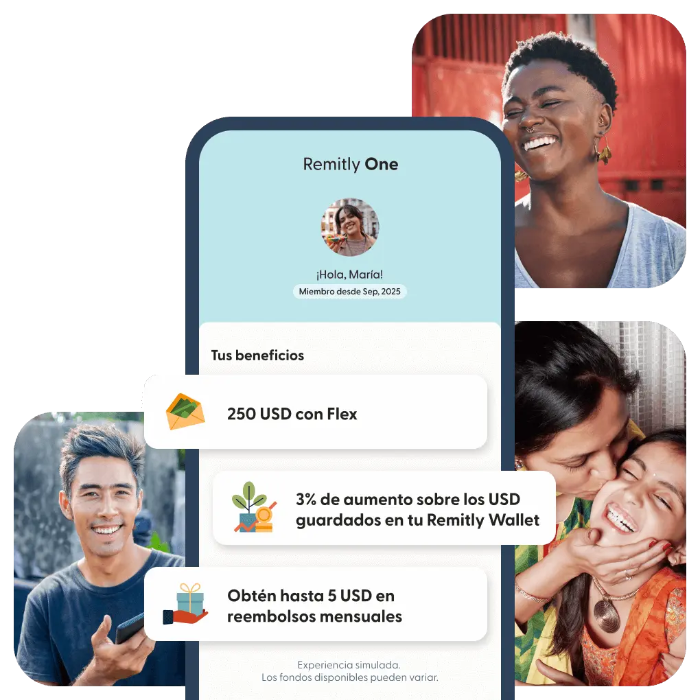 Collage de personas sonriendo en torno a una pantalla simulada de la app de Remitly One en la que se ven los beneficios de la membresía.