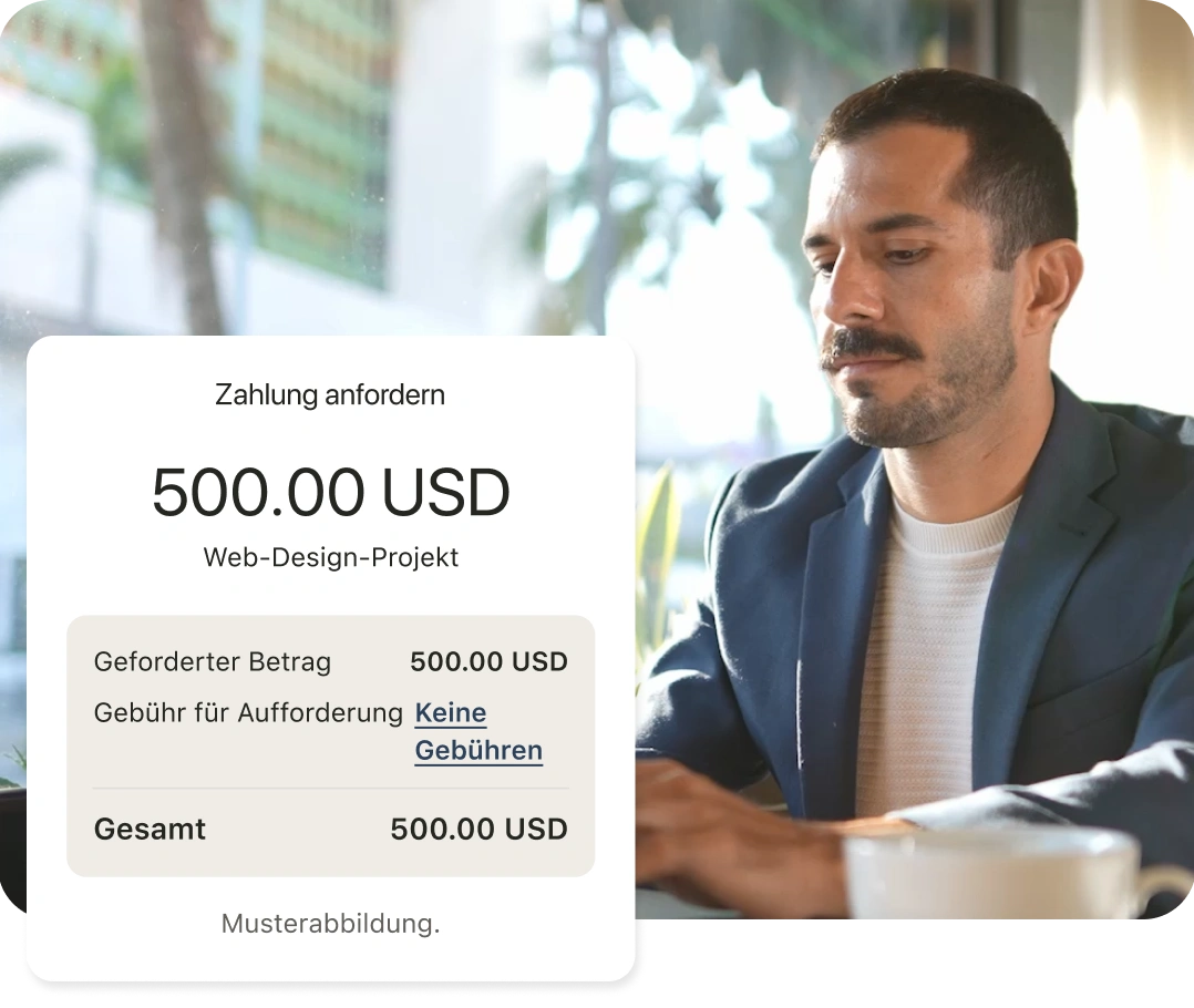 Mann an einem Tisch, überlagert von einem simulierten Remitly Business-Smartphonebildschirm.