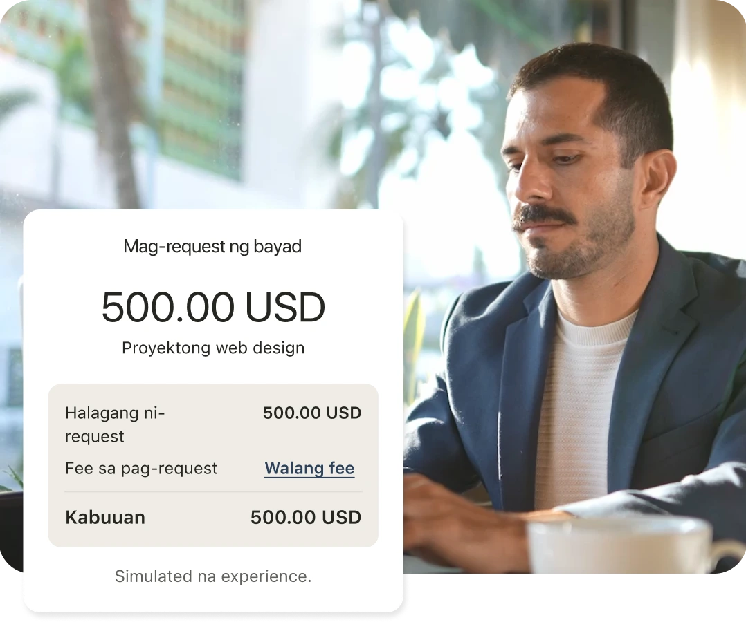 May lalaking nakaupo sa isang mesa na may overlay ng simulated na phone screen ng Remitly Business.