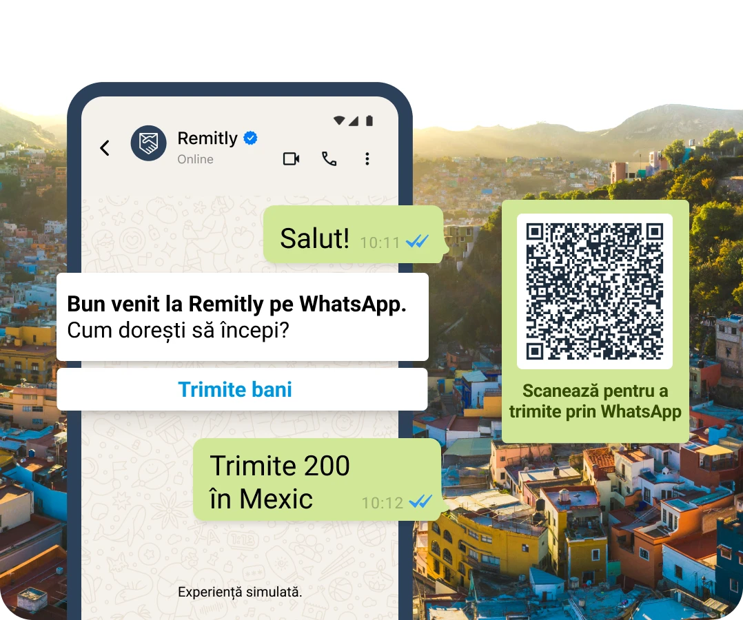 Bule de conversație simulate în WhatsApp care arată un client care dorește să inițieze un transfer.