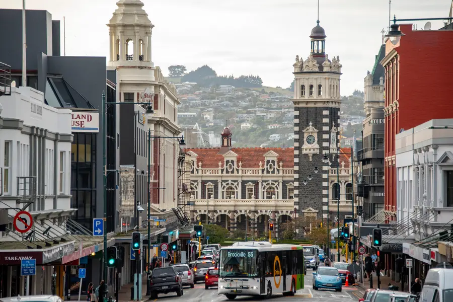Busy street in central Dunedin, New Zealand.