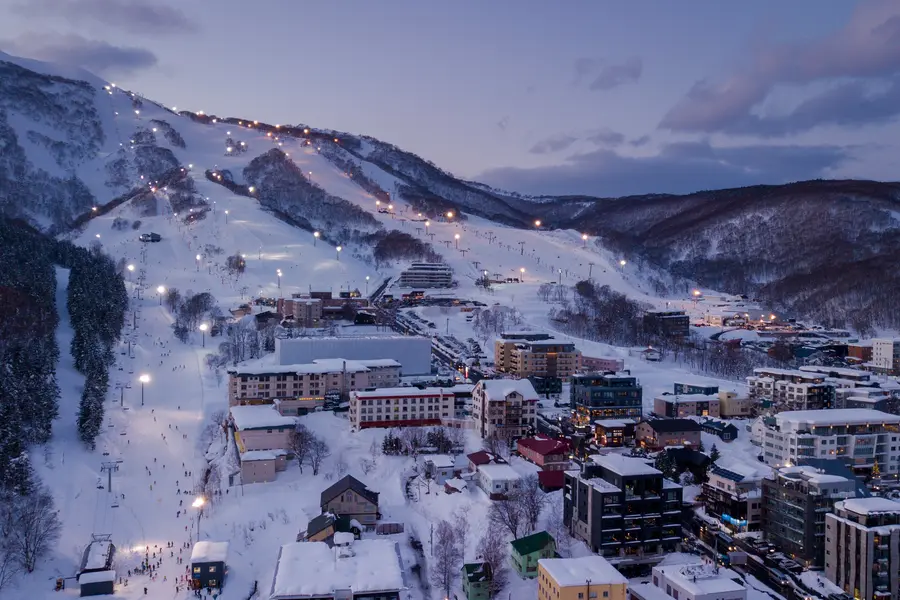 Niseko ski resort in Hokkaido at dusk.