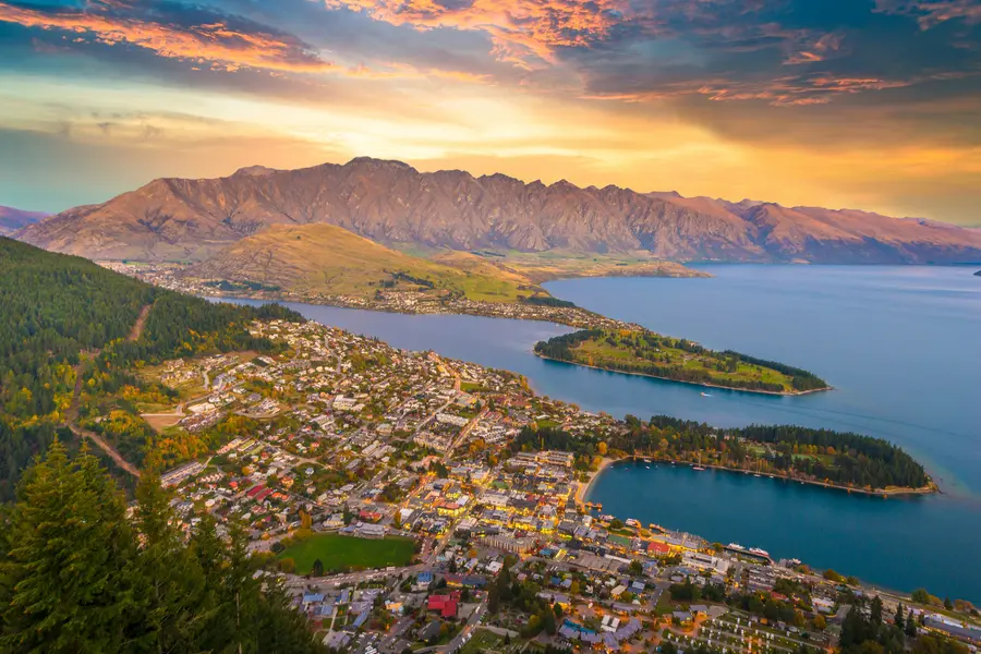 Aerial view of Queenstown at sunset.