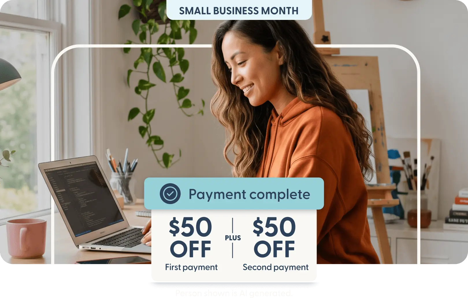 Small business owners around a phone screen showing an online business account setup and Continue button.