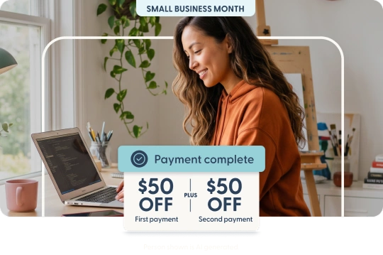 Small business owners around a phone screen showing an online business account setup and Continue button.