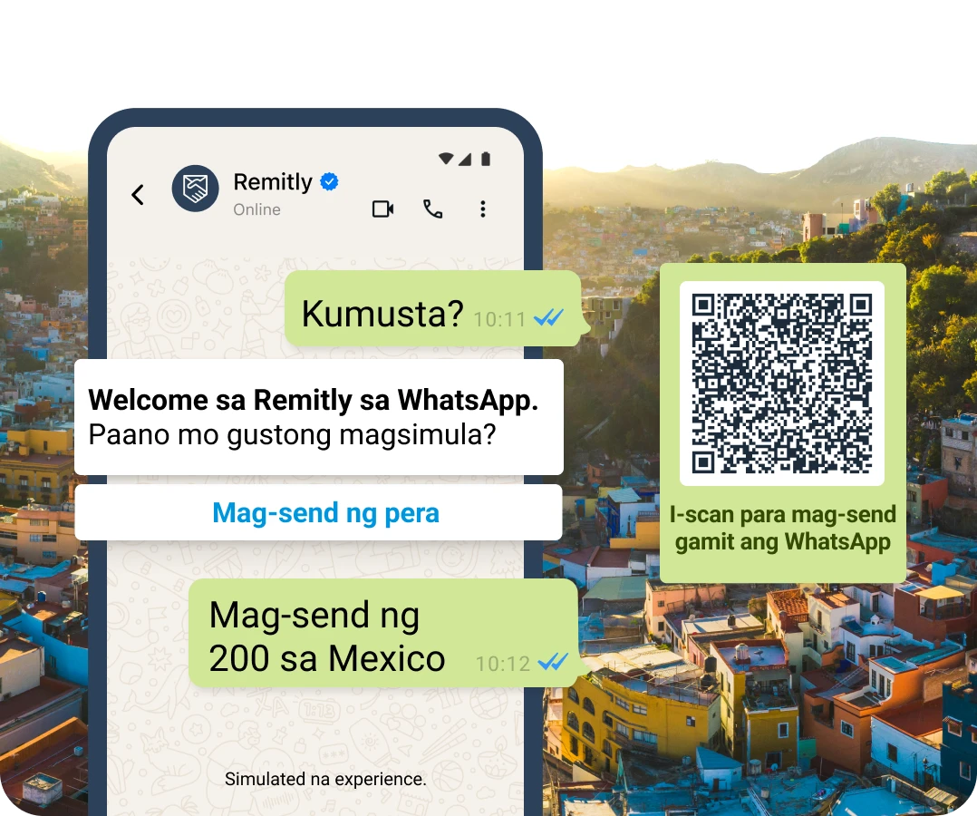 Mga simulated na conversation bubble sa WhatsApp na nagpapakita ng isang customer na gustong mag-start ng transfer.