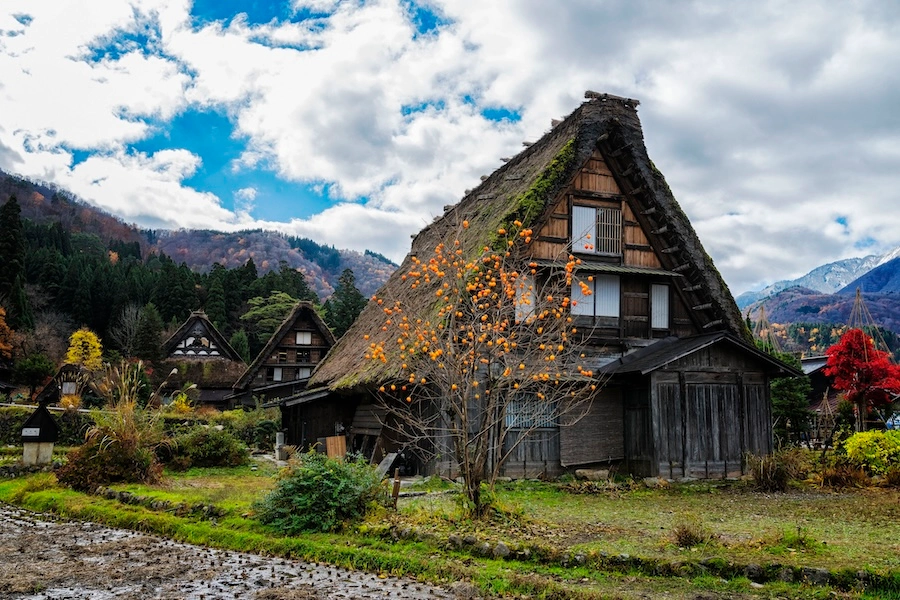 Traditional thatched-roof houses in the mountain village of Kamikatsu, Japan.