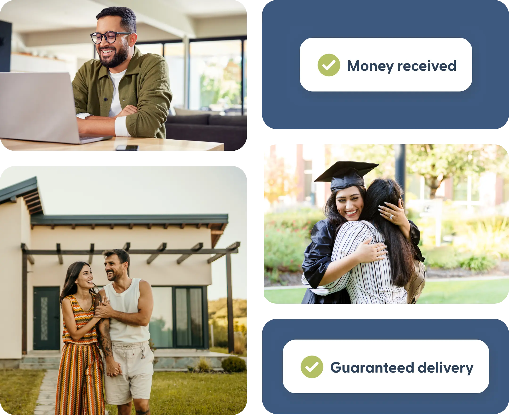 Collage que muestra a personas alcanzando sus metas con envíos de dinero internacionales y entrega garantizada.
