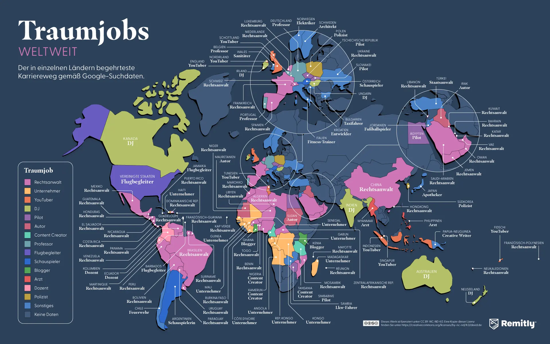 World map showing which dream jobs are the most searched in each country