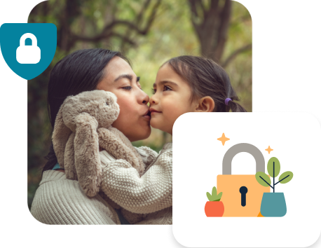 A mother and child embracing beside an illustration of a secure lock.