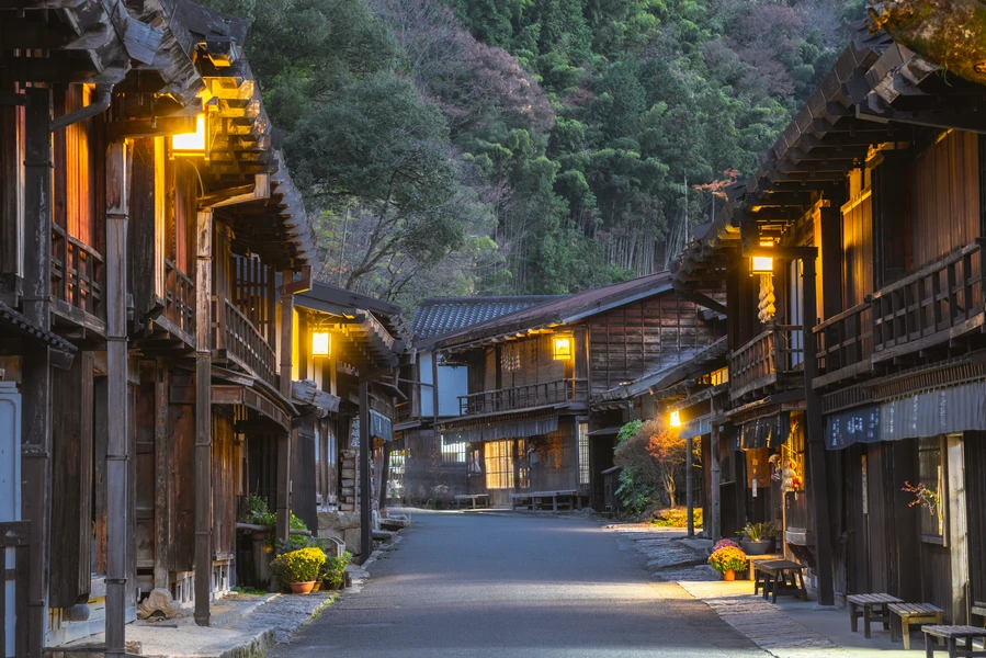 The historic post town of Tsumago-juku at dusk in the Kiso Valley, Gifu prefecture.