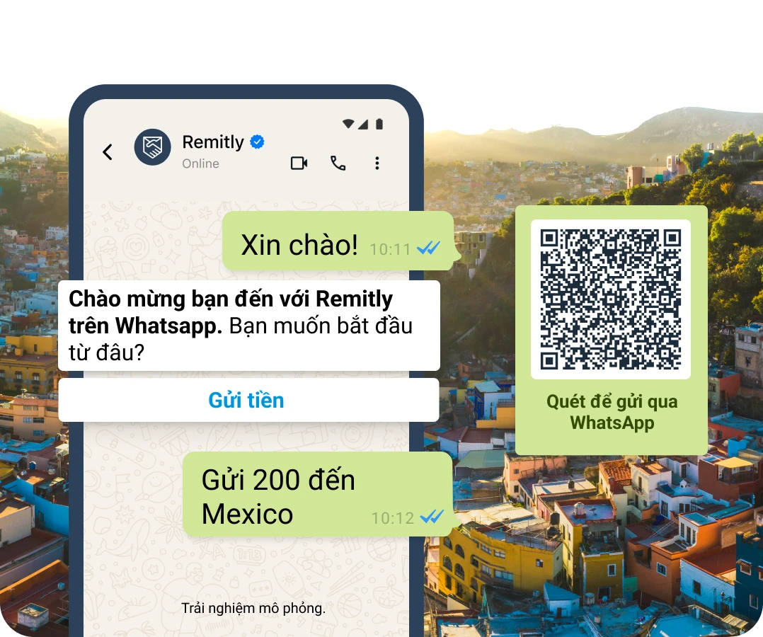 Bong bóng trò chuyện mô phỏng trong WhatsApp cho thấy một khách hàng muốn bắt đầu chuyển tiền.
