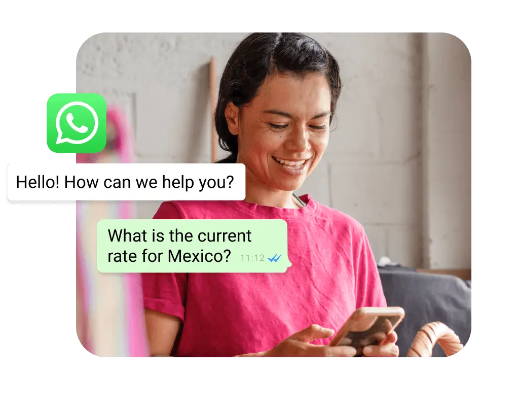 A woman smiles at her phone while a WhatsApp chat with Remitly shows her asking the exchange rate for Mexico.