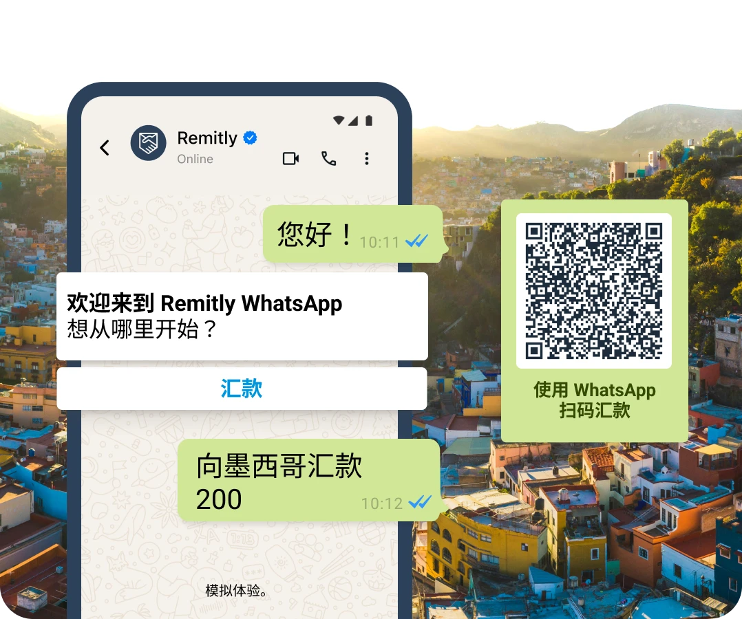 WhatsApp 中的模拟对话气泡,展示了一位想要开始汇款的客户。